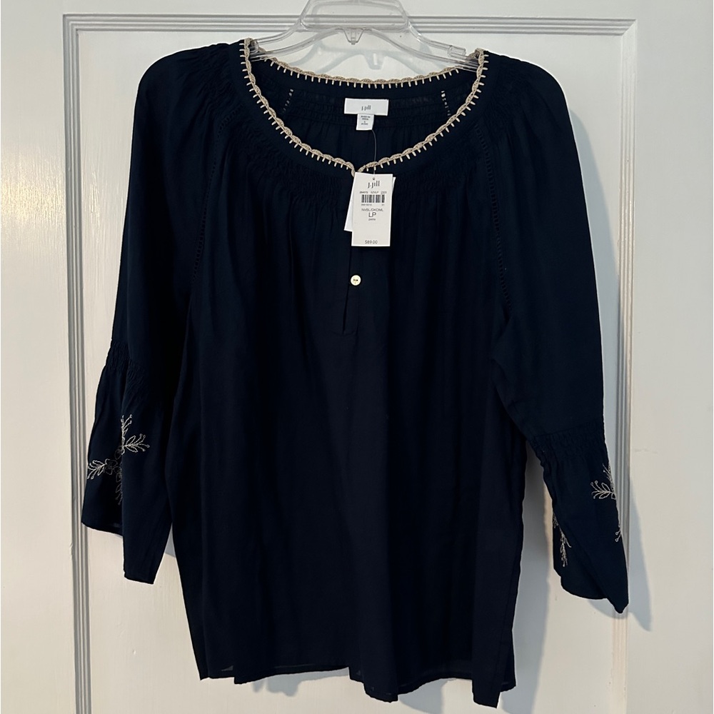 Navy J Jill cotton top boho nwt Lp petite embroidered sleeves